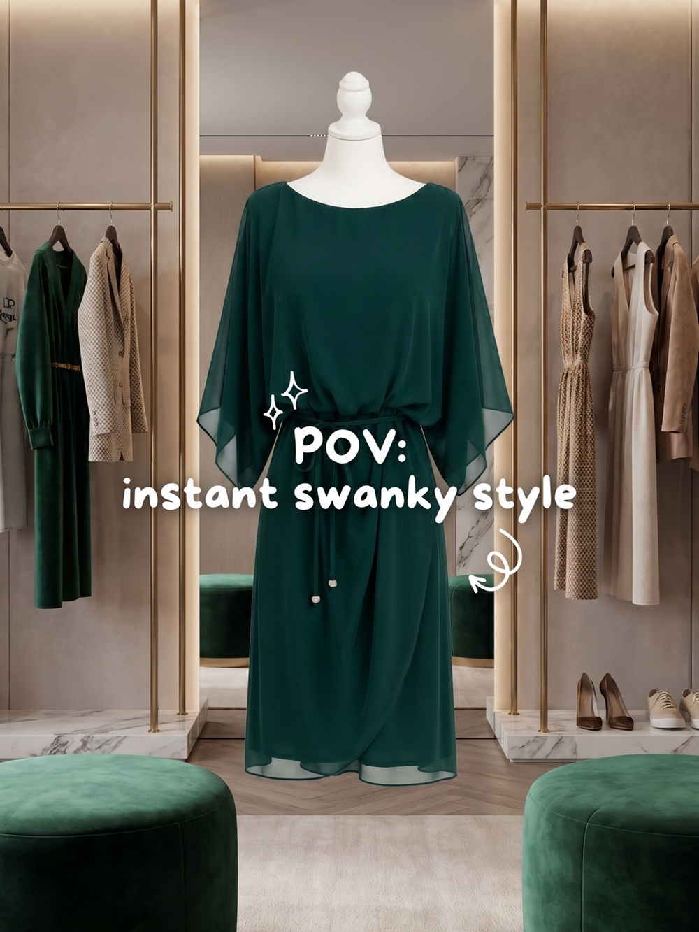 Elegant Forest Green Knee-Length Overlay Dress